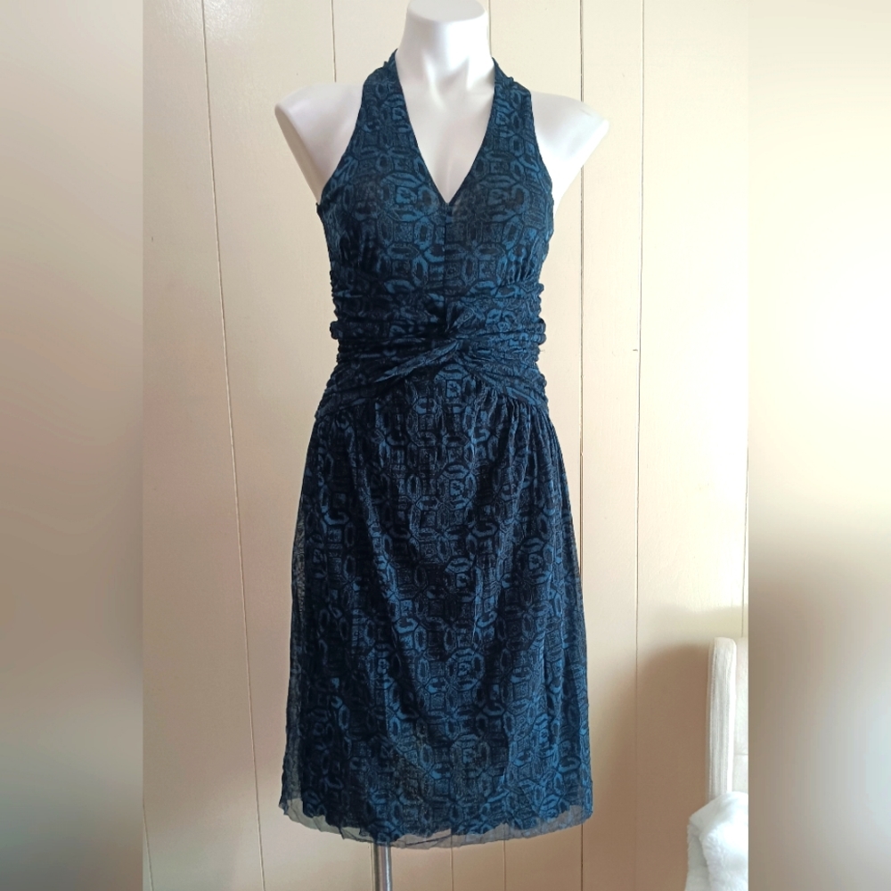Michael Kors Women's Dress Sleeveless V Neck Blue Black Ruched XS Pleated